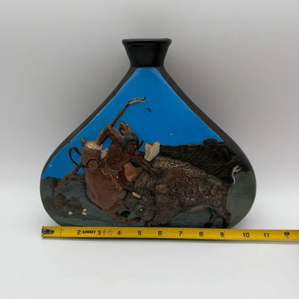 Buffalo Hunt Relief Vase Hand Painted Native American Style Black Blue 9in Art